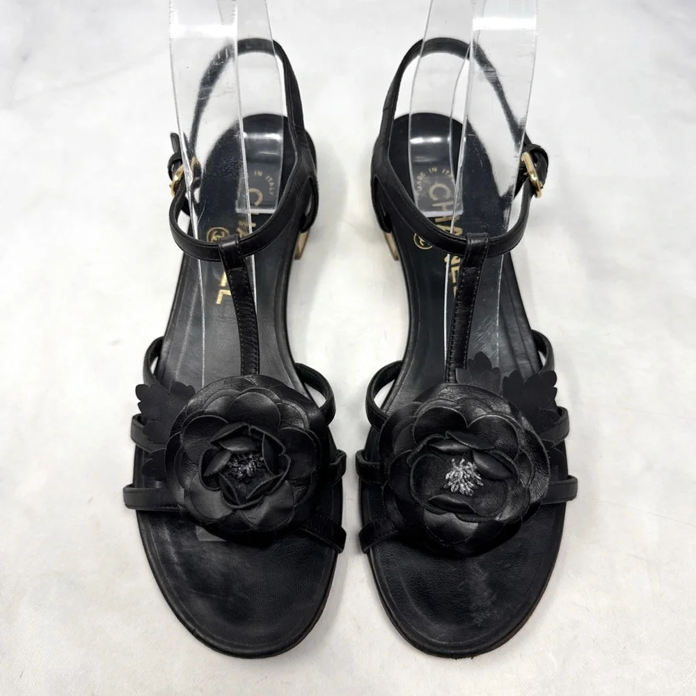 CHANEL Vintage Y2K Camellia Flower Leather Strappy Block Heel Sandal Shoes Black